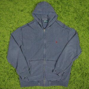 Vintage Ralph Lauren Zip Up Baggy Hoodie Sweatshirt Faded Blue Color